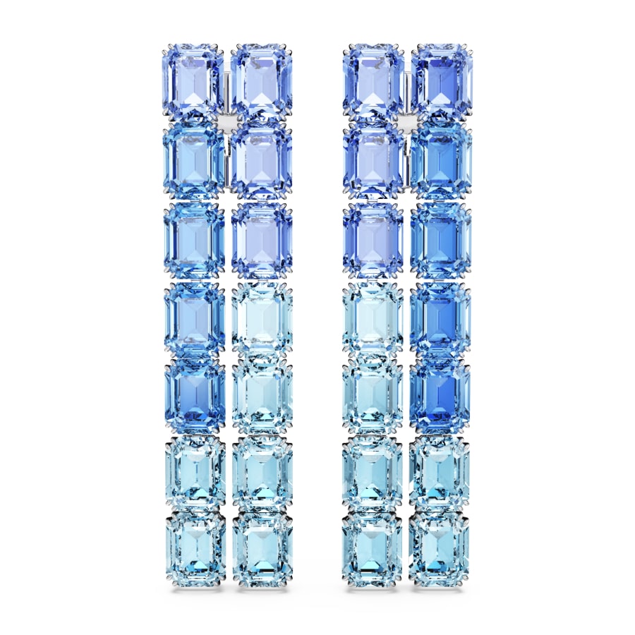Swarovski Millenia clip earrings with octagon cut blue color gradient crystals and rhodium plating, long and elegant.
