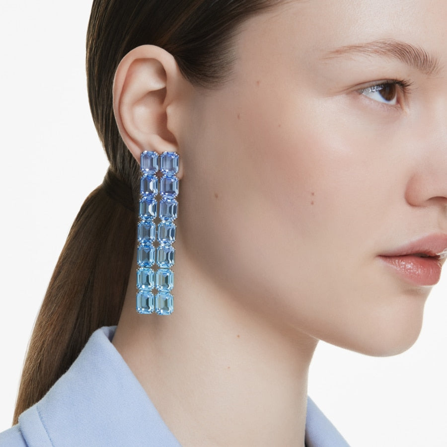Swarovski Millenia clip earrings with octagon cut blue gradient stones, long design, rhodium plated, elegant jewelry accessory