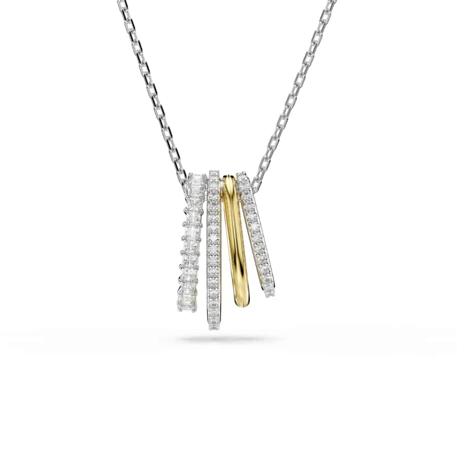Swarovski Hyperbola Pendant with mixed cuts in white crystal and mixed metal finish, showcasing elegant, sparkling jewelry design.