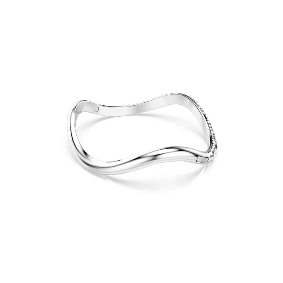 Swarovski Sublima bangle with round cut white crystals and rhodium plating, showcasing elegant jewelry design and craftsmanship.