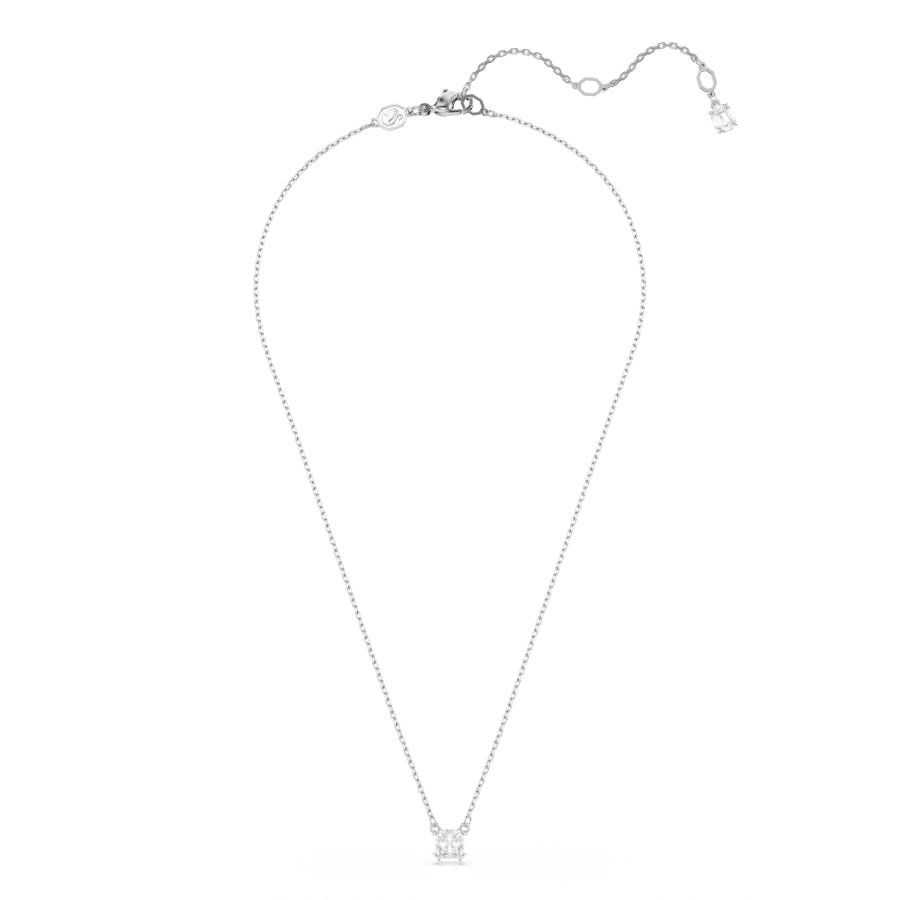 Swarovski Stilla pendant with square-cut white crystal, rhodium-plated jewelry piece on a delicate chain.