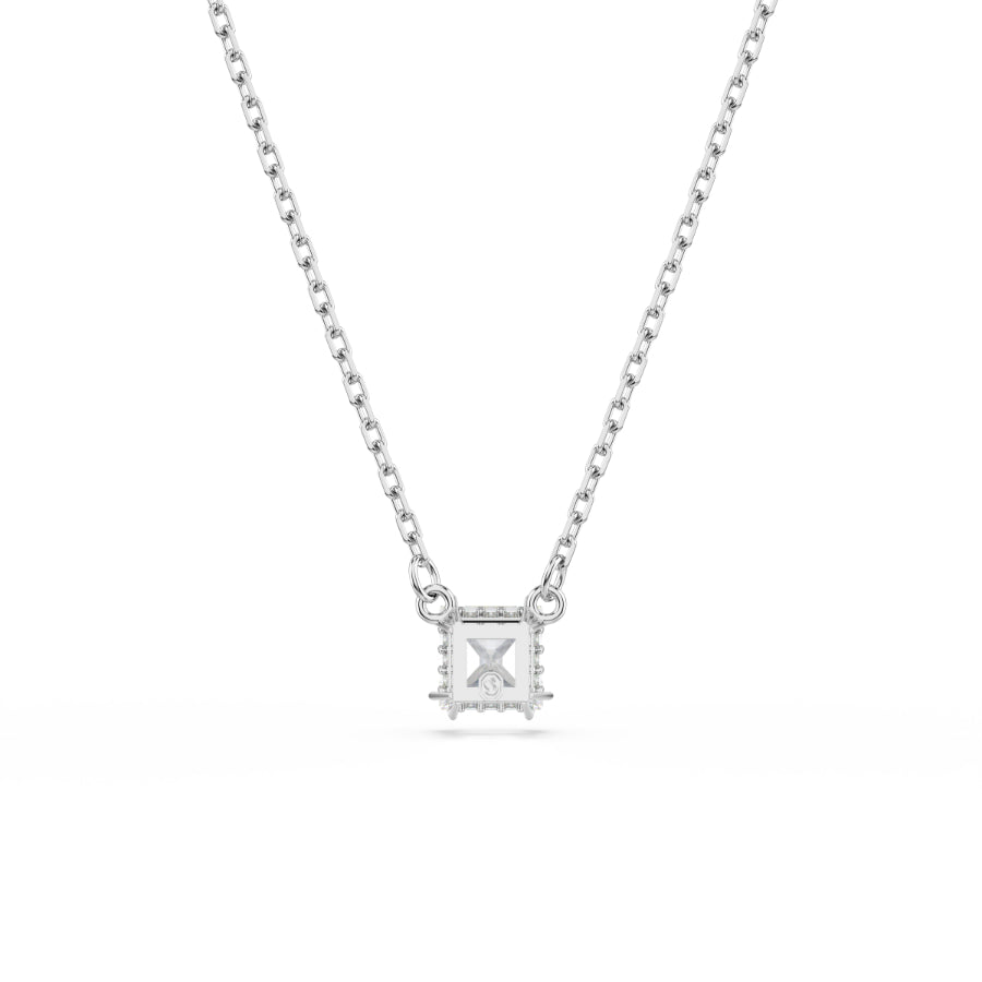 Swarovski Stilla pendant with square white crystal, rhodium-plated jewelry item on a delicate chain.