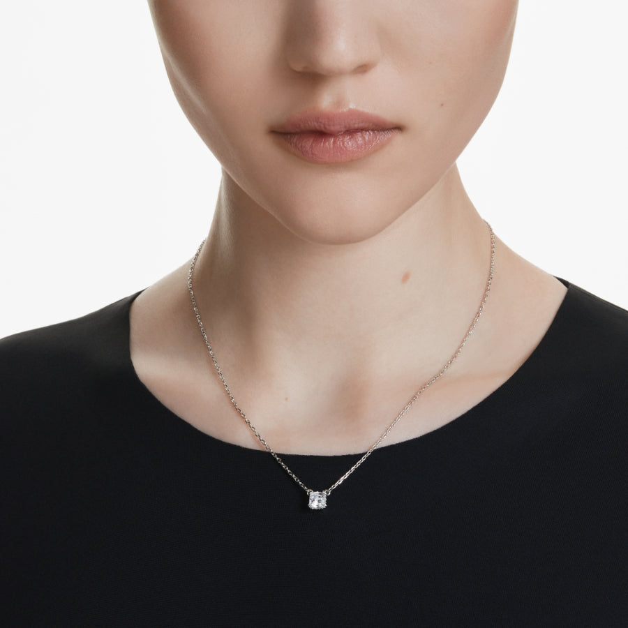 Swarovski Stilla pendant with square cut white crystal, rhodium plated jewelry piece on a delicate chain.