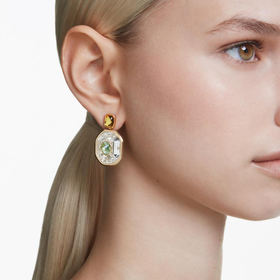 Swarovski Chroma Drop Earrings with asymmetrical octagon cut, multicolored stones, and gold-tone plating.