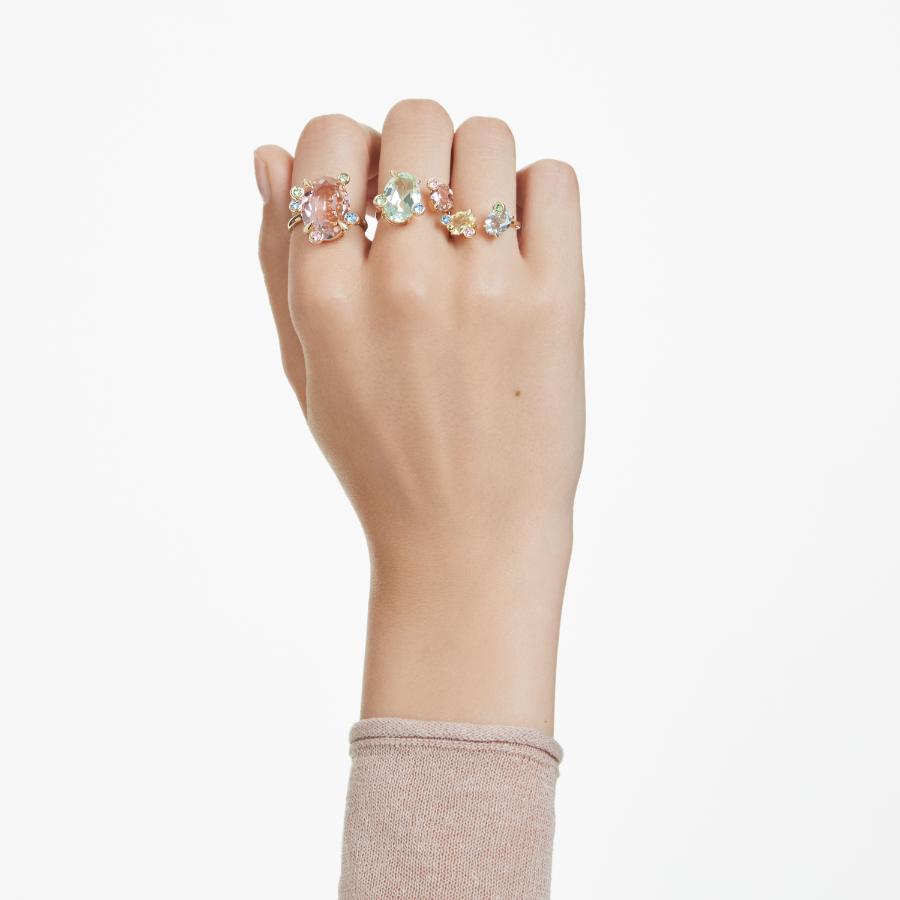 Swarovski Gema Ring set with three multicolored, mixed cut stones in gold-tone plated jewelry, showcasing elegant design.