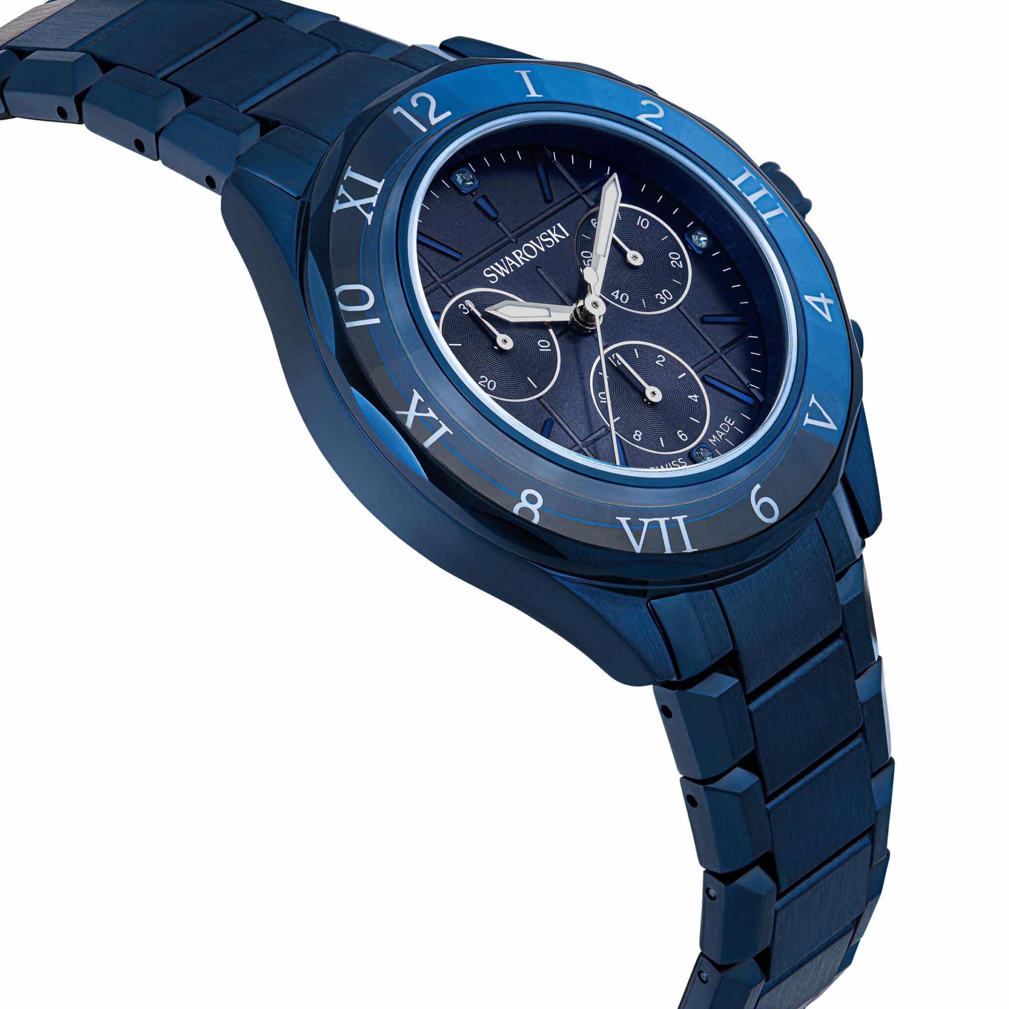 Swarovski Dextera Chrono Watch with 39mm blue dial, Swiss Made, metal bracelet, blue finish, elegant and stylish timepiece