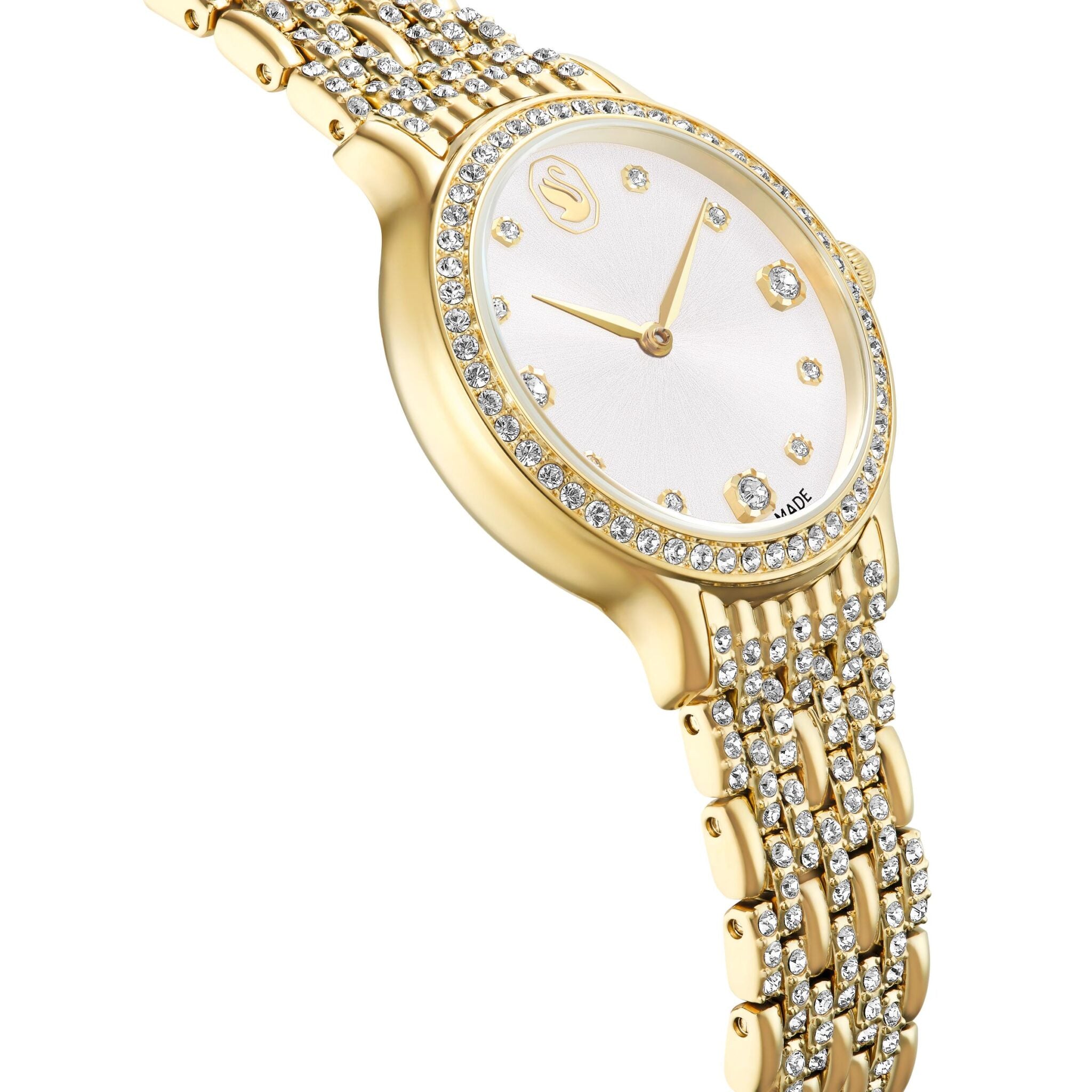 Swarovski Imber Swiss Made watch with gold-tone metal bracelet and finish, showcasing a sleek, elegant timepiece.