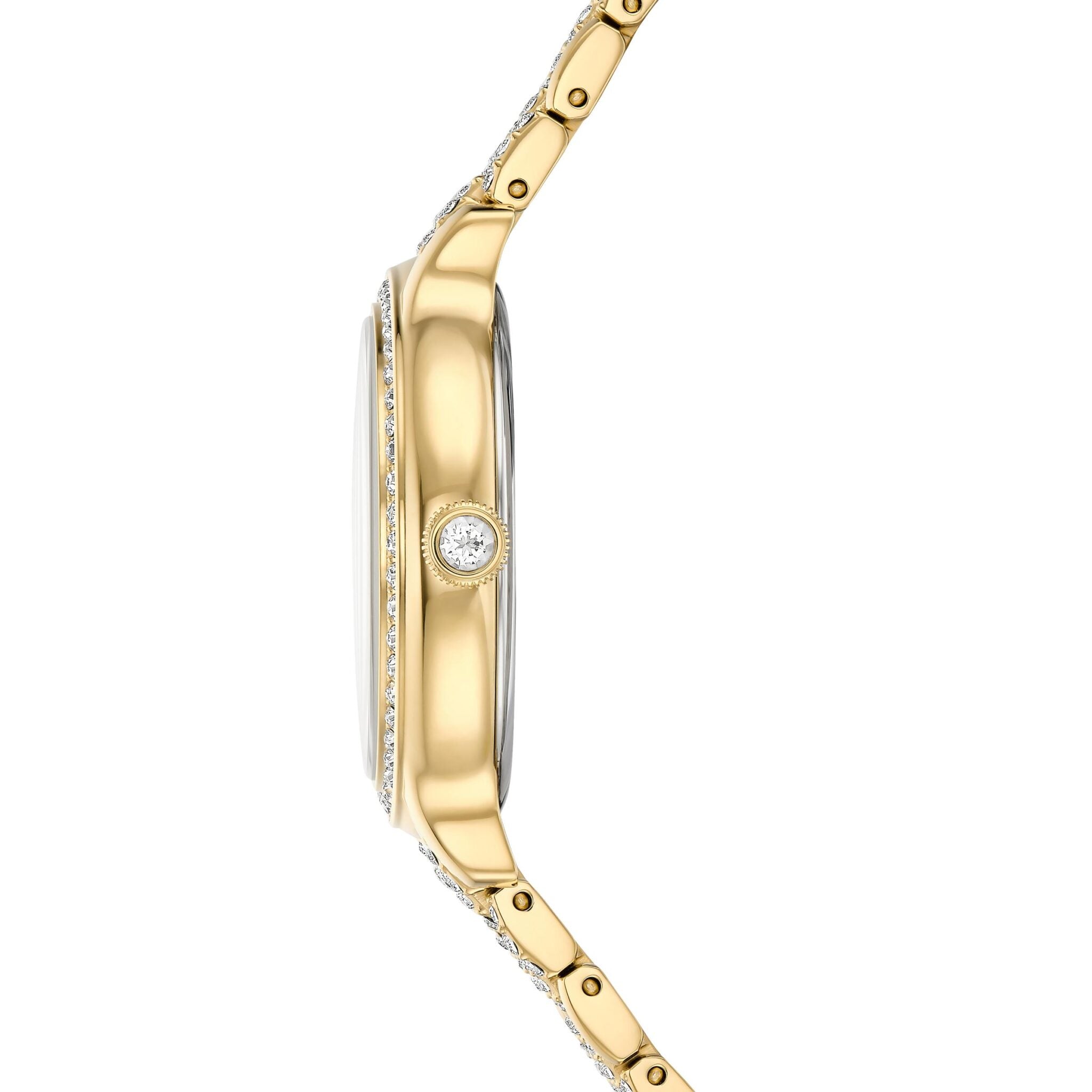 Swarovski Imber Swiss-made watch with gold-tone metal bracelet and finish, showing the watch face with Swarovski branding.