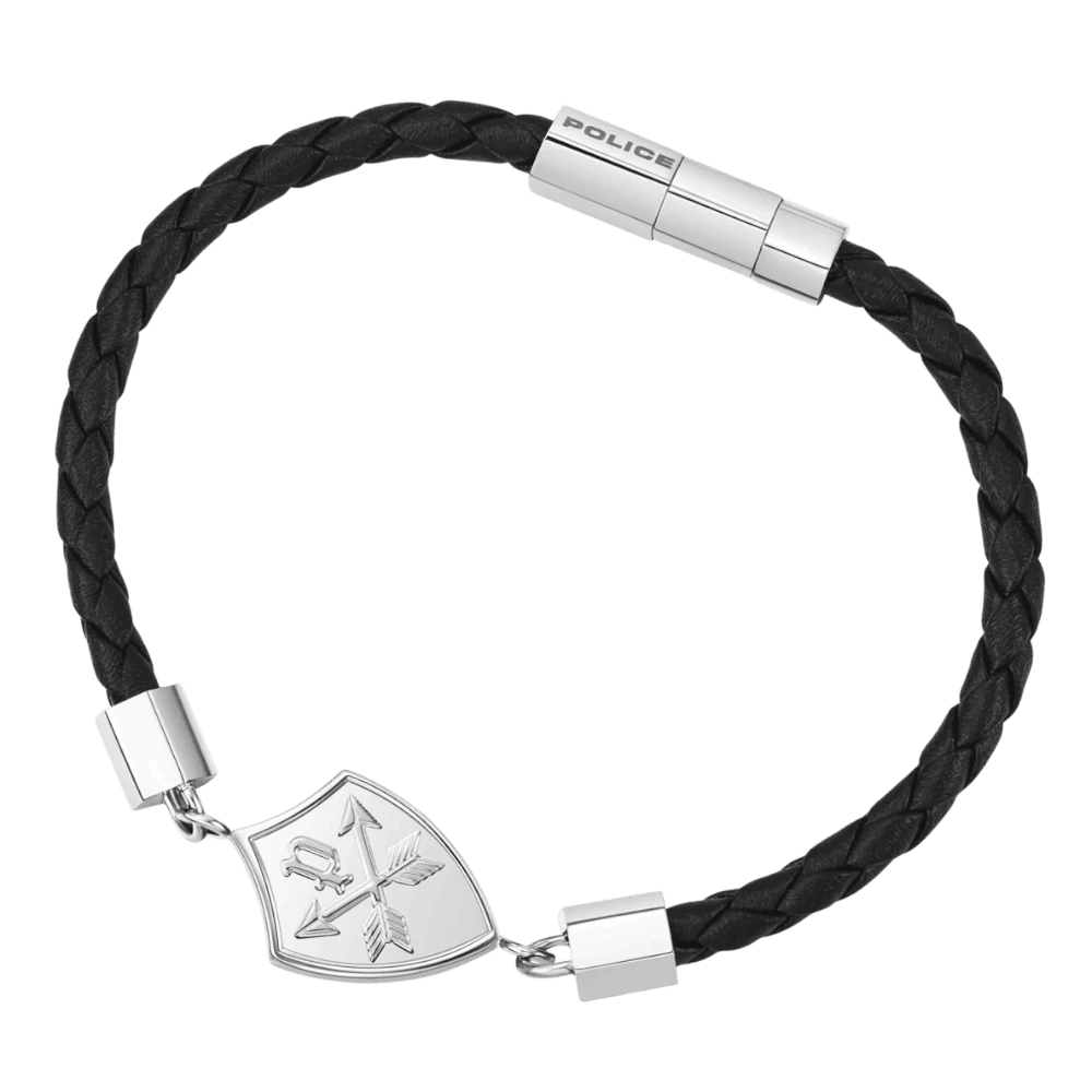 Police Bracelet Heritage Crest Shiny Chain & Black Leather L -Police