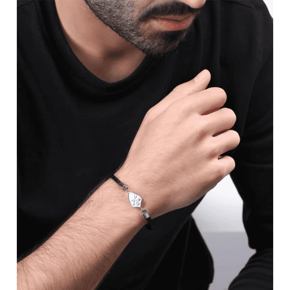 Police Bracelet Heritage Crest Shiny Chain & Black Leather L -Police