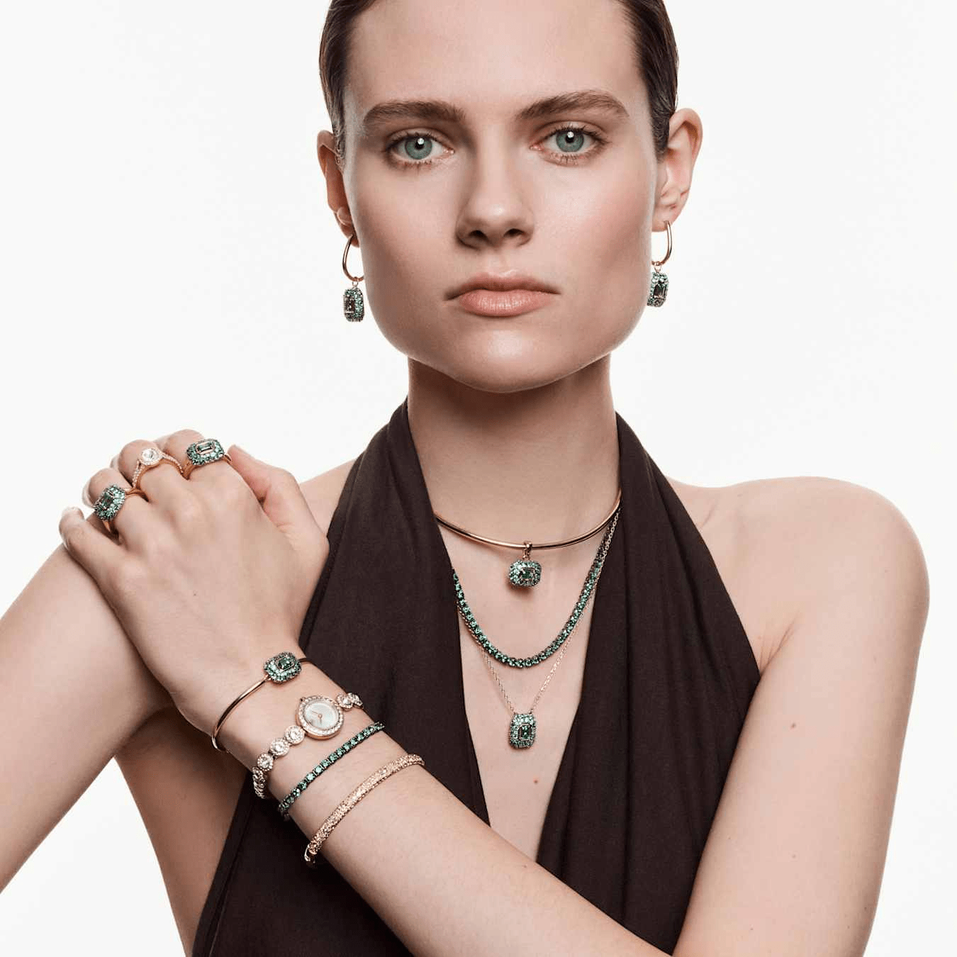 Sublima bangle, Octagon cut, Green, 18K gold finish -Swarovski