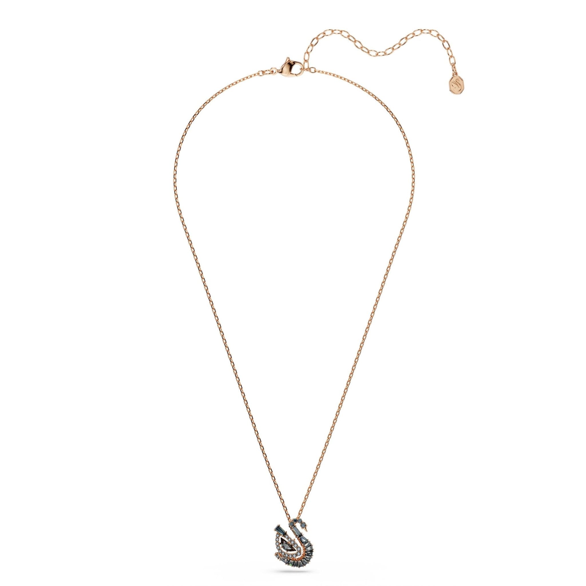 Swan pendant, Mixed cuts, Swan, Black, 18K rose gold finish -Swarovski