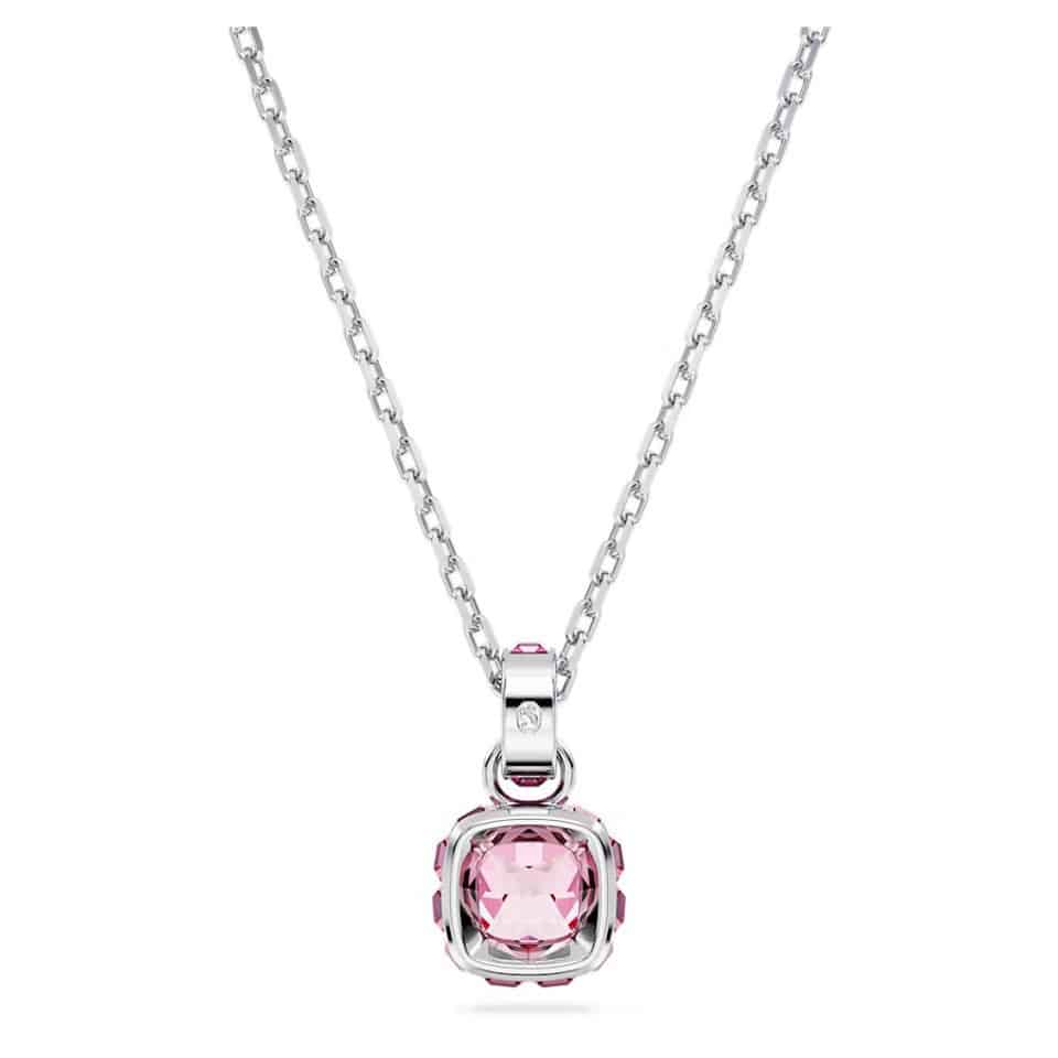 Swarovski Birthstone Pendant, Square Cut, October, Pink, Rhodium Plated -Swarovski