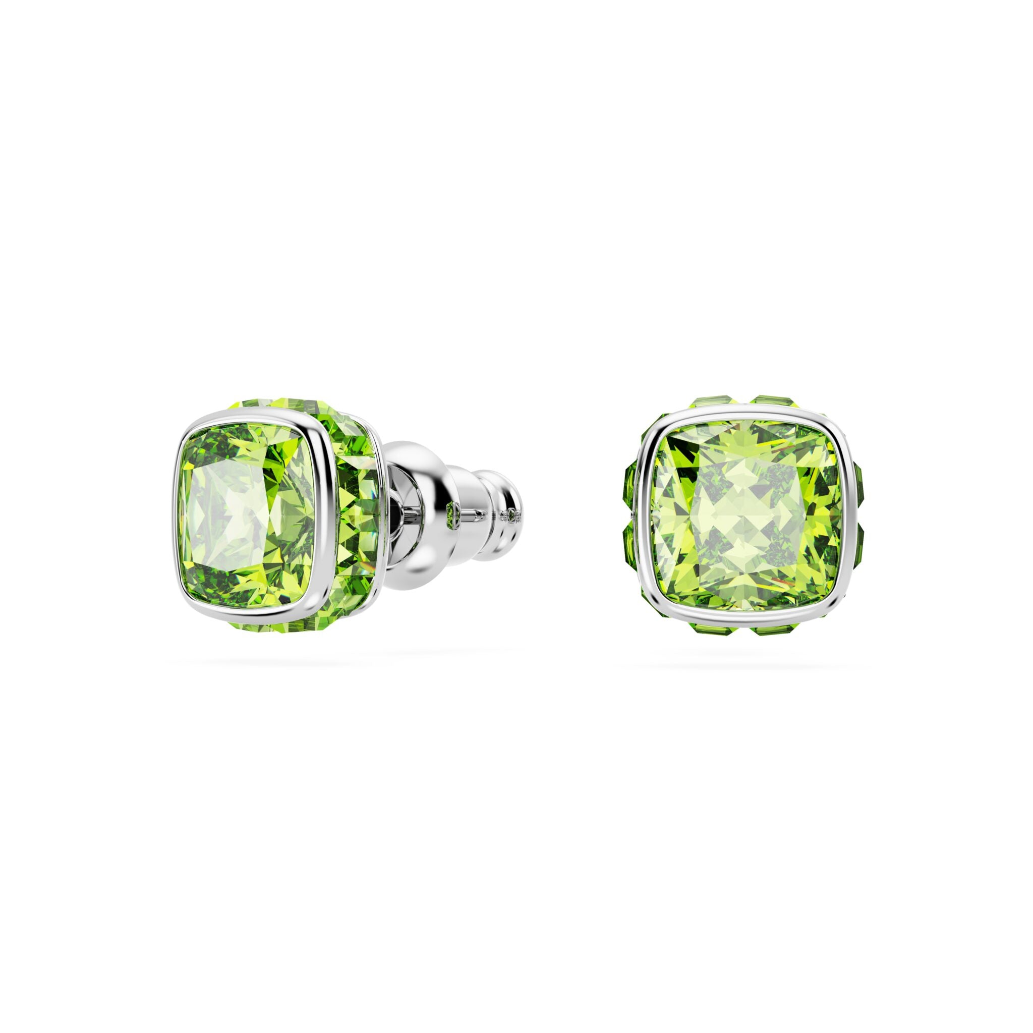 Swarovski Birthstone Stud Earrings, Square Cut, August, Green , Rhodium Plated -Swarovski