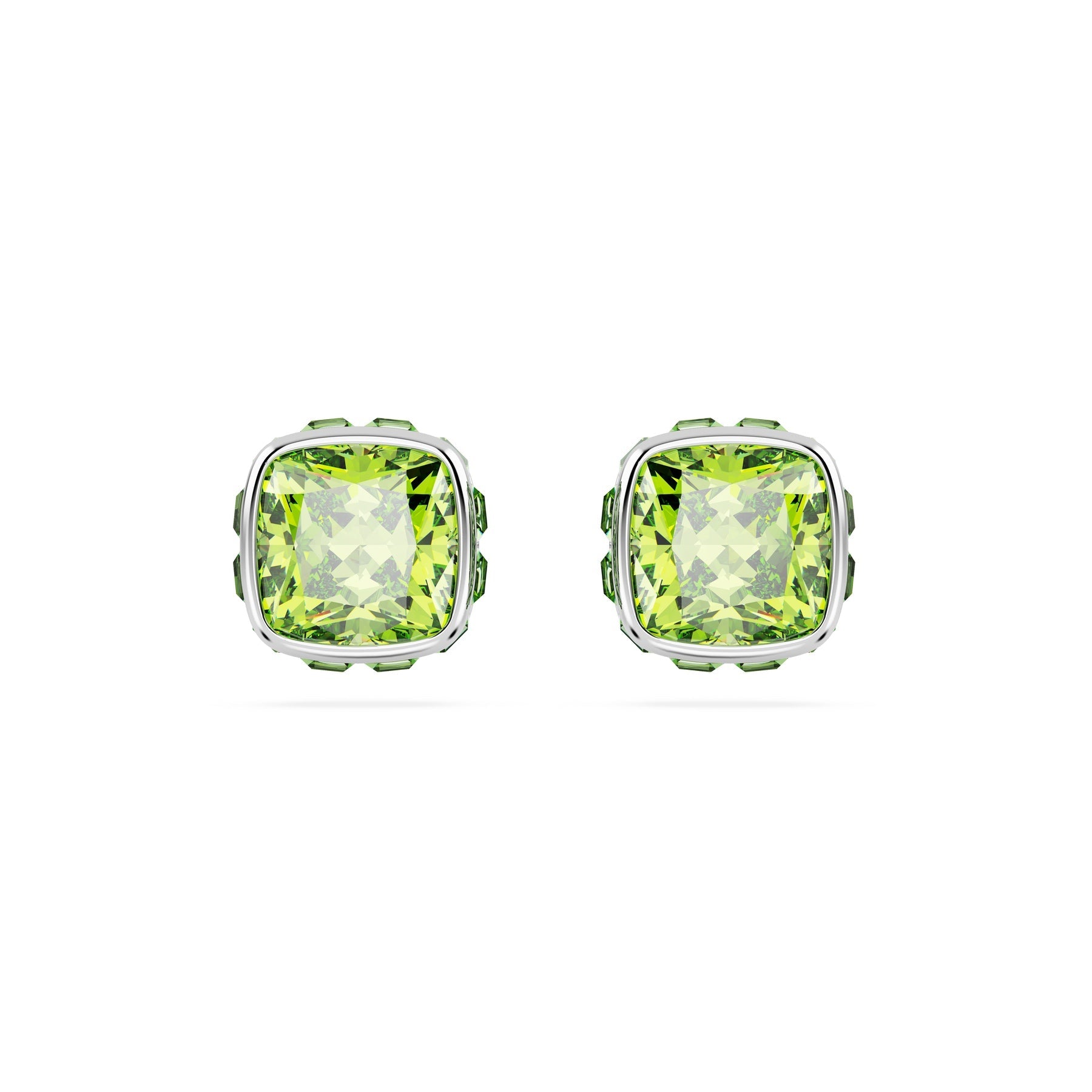 Swarovski Birthstone Stud Earrings, Square Cut, August, Green , Rhodium Plated -Swarovski