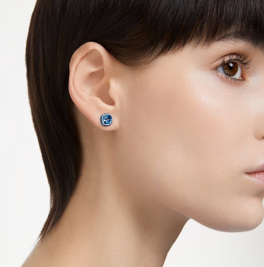 Swarovski Birthstone Stud Earrings, Square Cut, December, Blue , Rhodium Plated -Swarovski