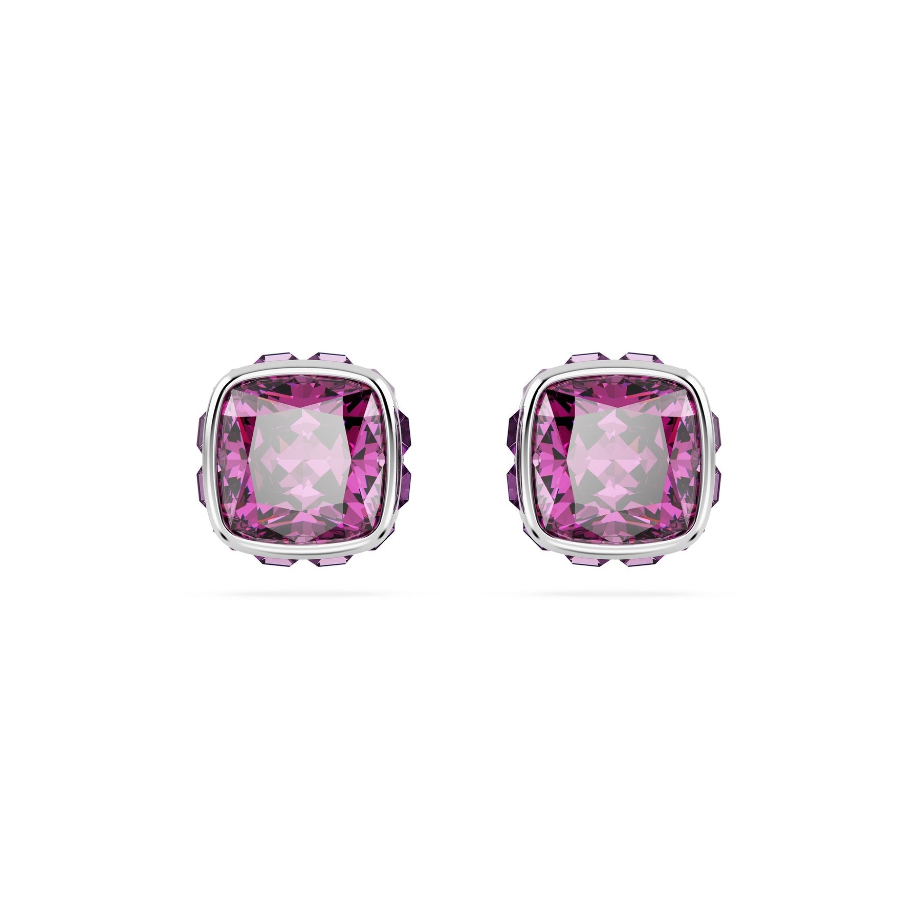 Swarovski Birthstone Stud Earrings, Square Cut, February, Purple ,Rhodium Plated -Swarovski