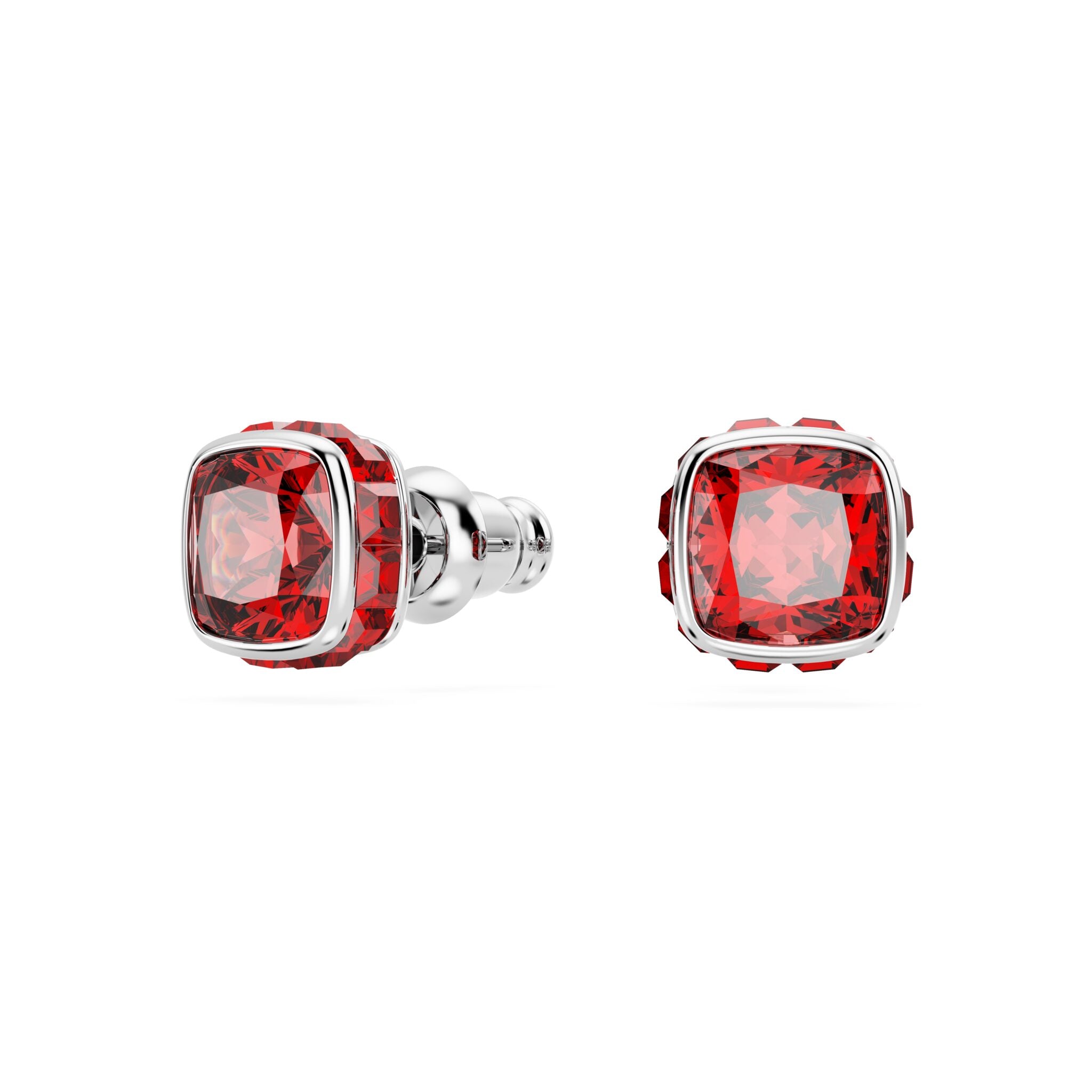 Swarovski Birthstone Stud Earrings, Square Cut, July, Red, Rhodium Plated -Swarovski