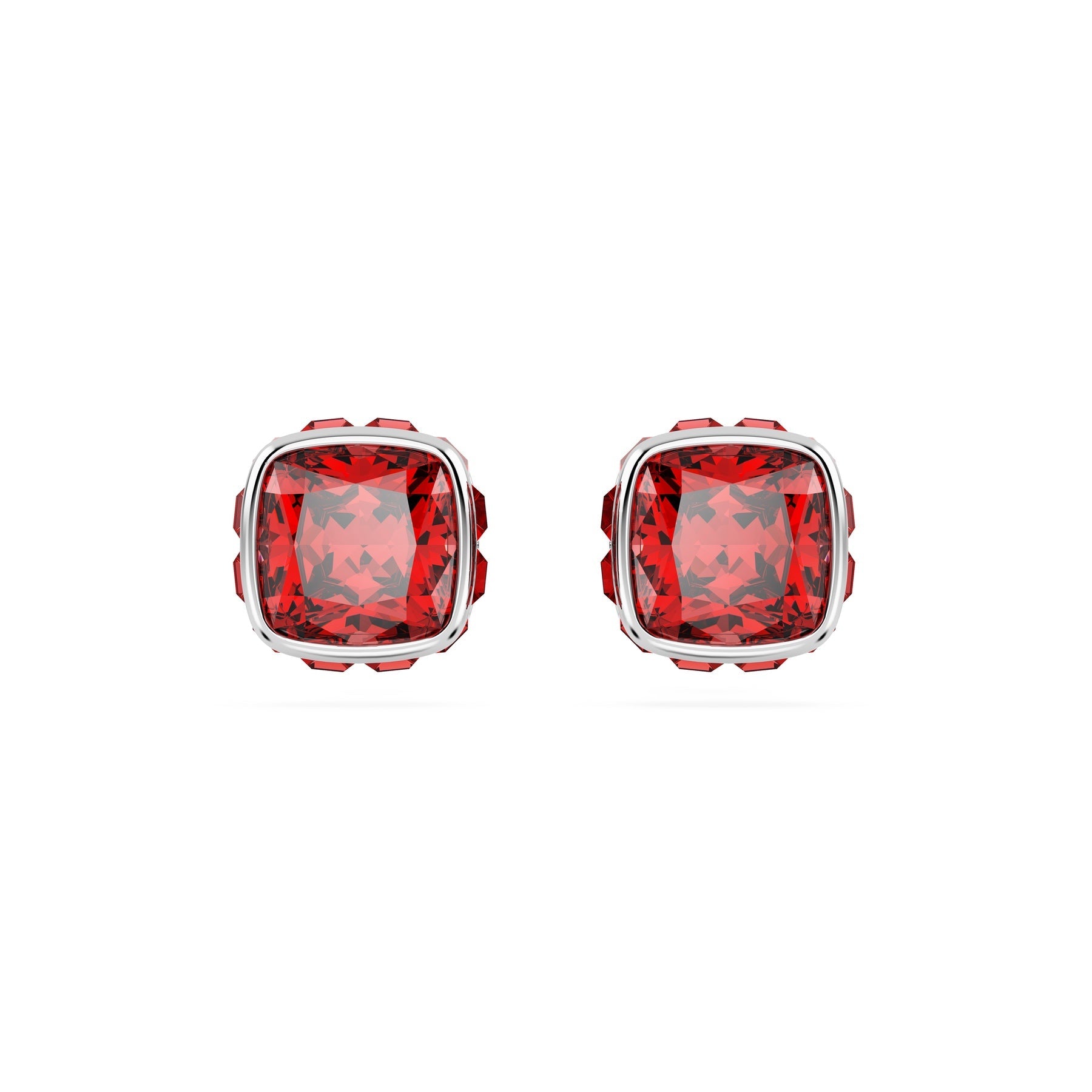 Swarovski Birthstone Stud Earrings, Square Cut, July, Red, Rhodium Plated -Swarovski