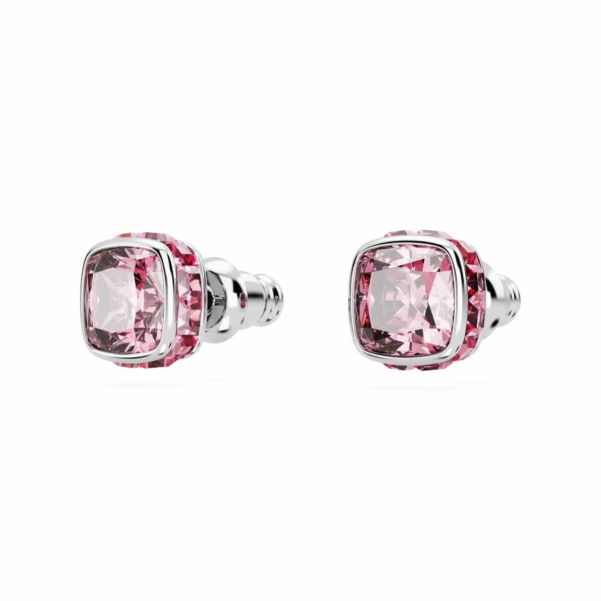 Swarovski Birthstone Stud Earrings, Square Cut, October, Pink, Rhodium Plated -Swarovski
