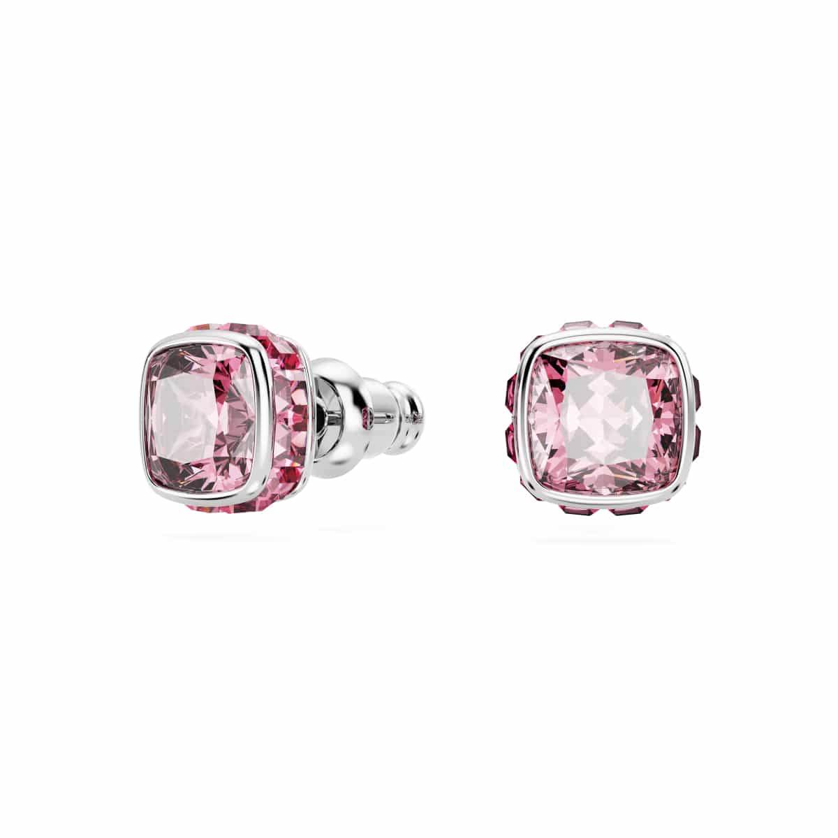 Swarovski Birthstone Stud Earrings, Square Cut, October, Pink, Rhodium Plated -Swarovski