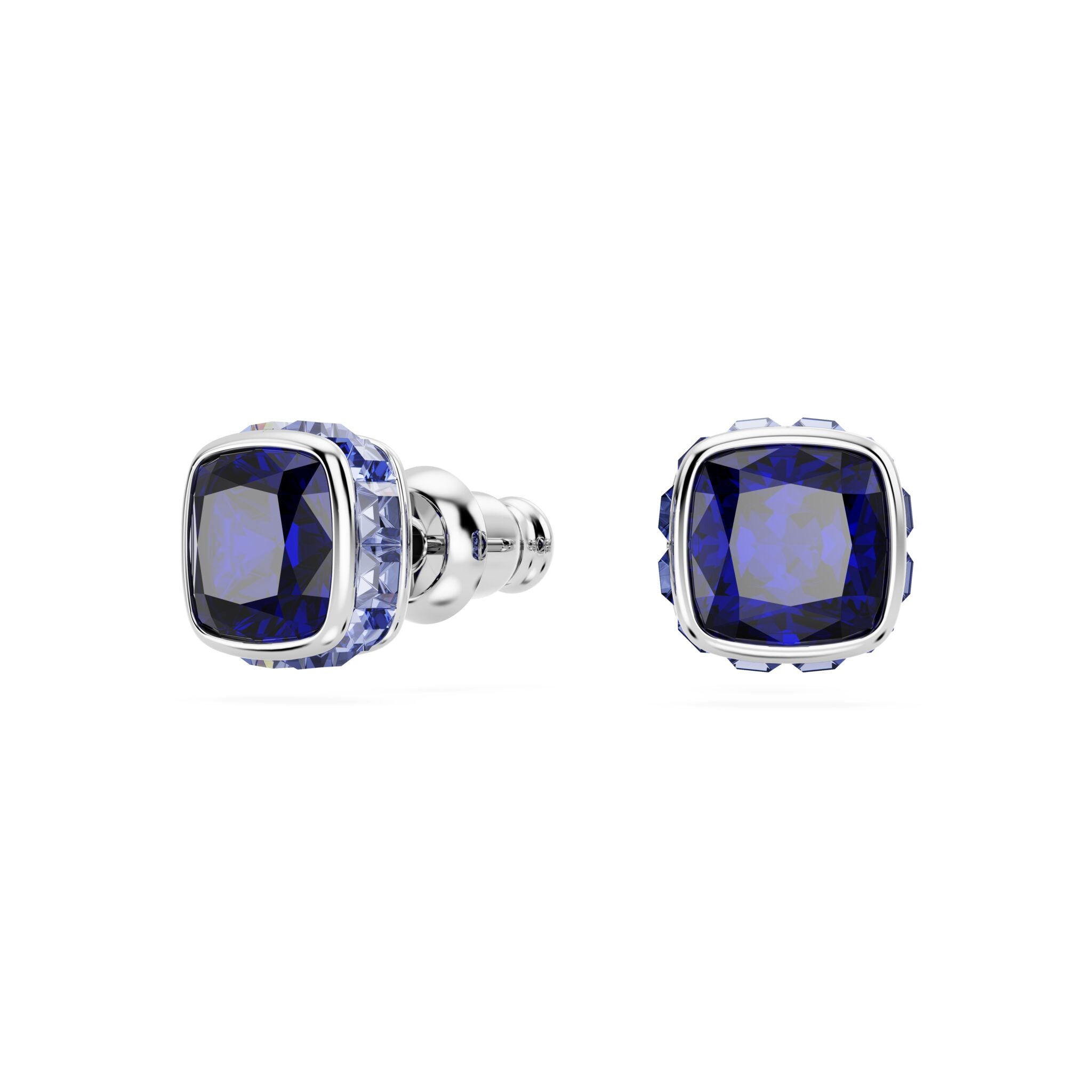 Swarovski Birthstone Stud Earrings, Square Cut, September, Blue, Rhodium Plated -Swarovski