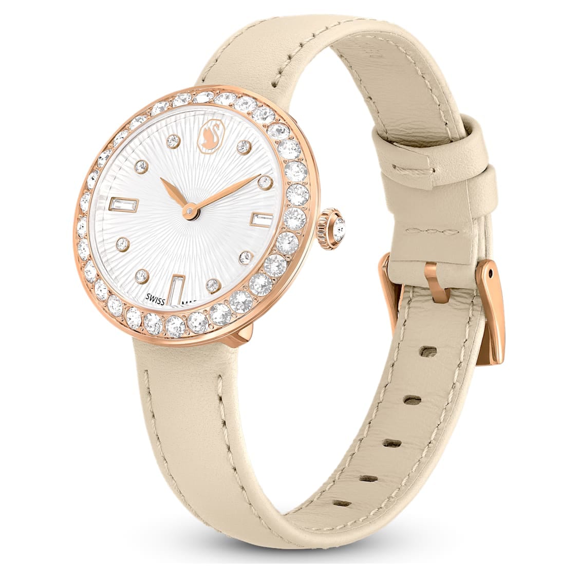 Swarovski Certa Watch Swiss Made, Leather strap, Beige, Rose Gold-Tone Finish -Swarovski