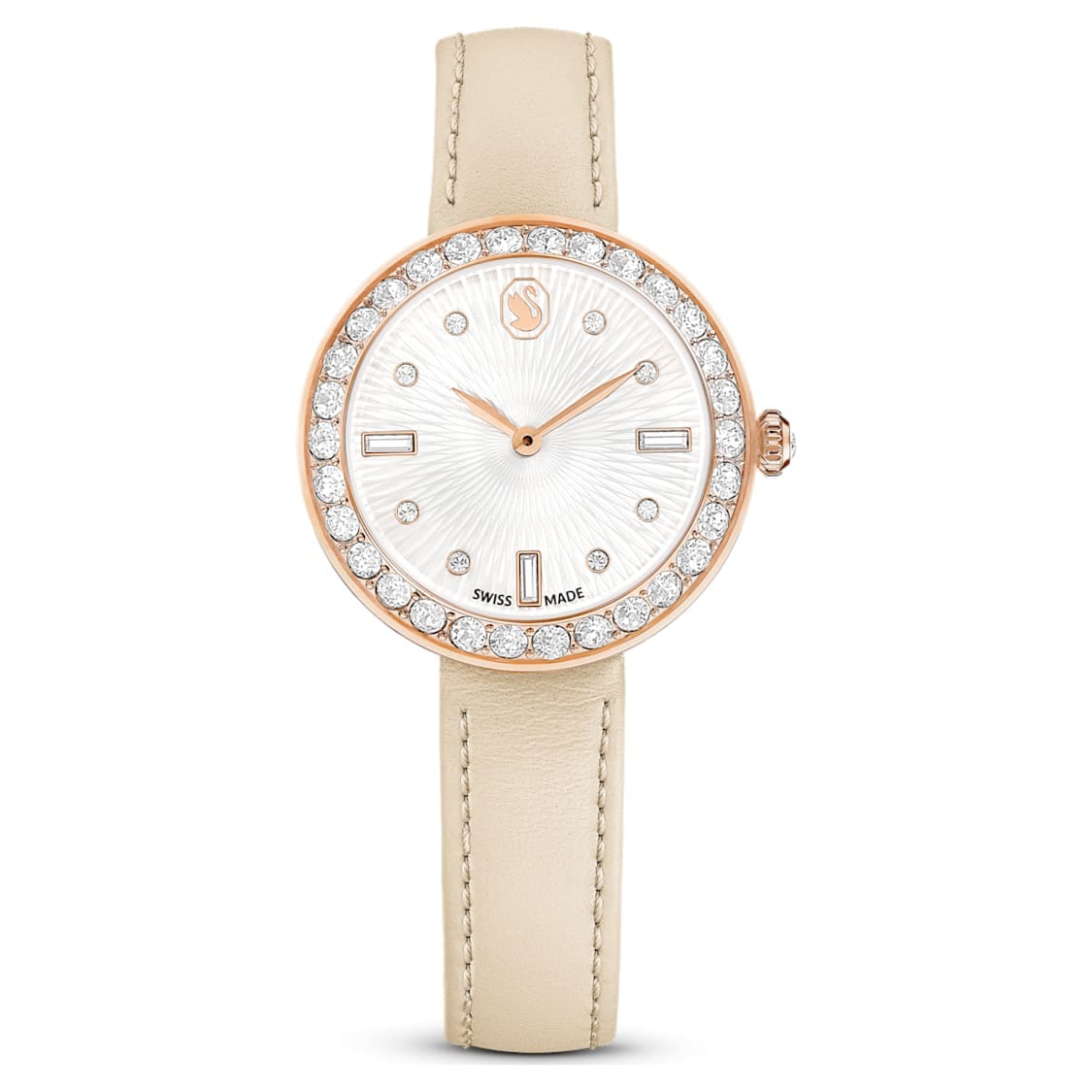 Swarovski Certa Watch Swiss Made, Leather strap, Beige, Rose Gold-Tone Finish -Swarovski