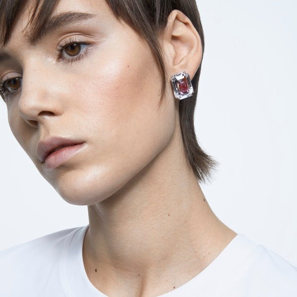 Swarovski Chroma Stud Earrings Octagon Cut, Pink, Rhodium Plated -Swarovski
