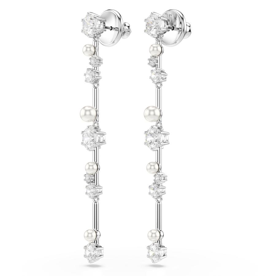 Swarovski Constella Drop Earrings, Crystal Pearl, Round Cuts, White, Rhodium Plated -Swarovski