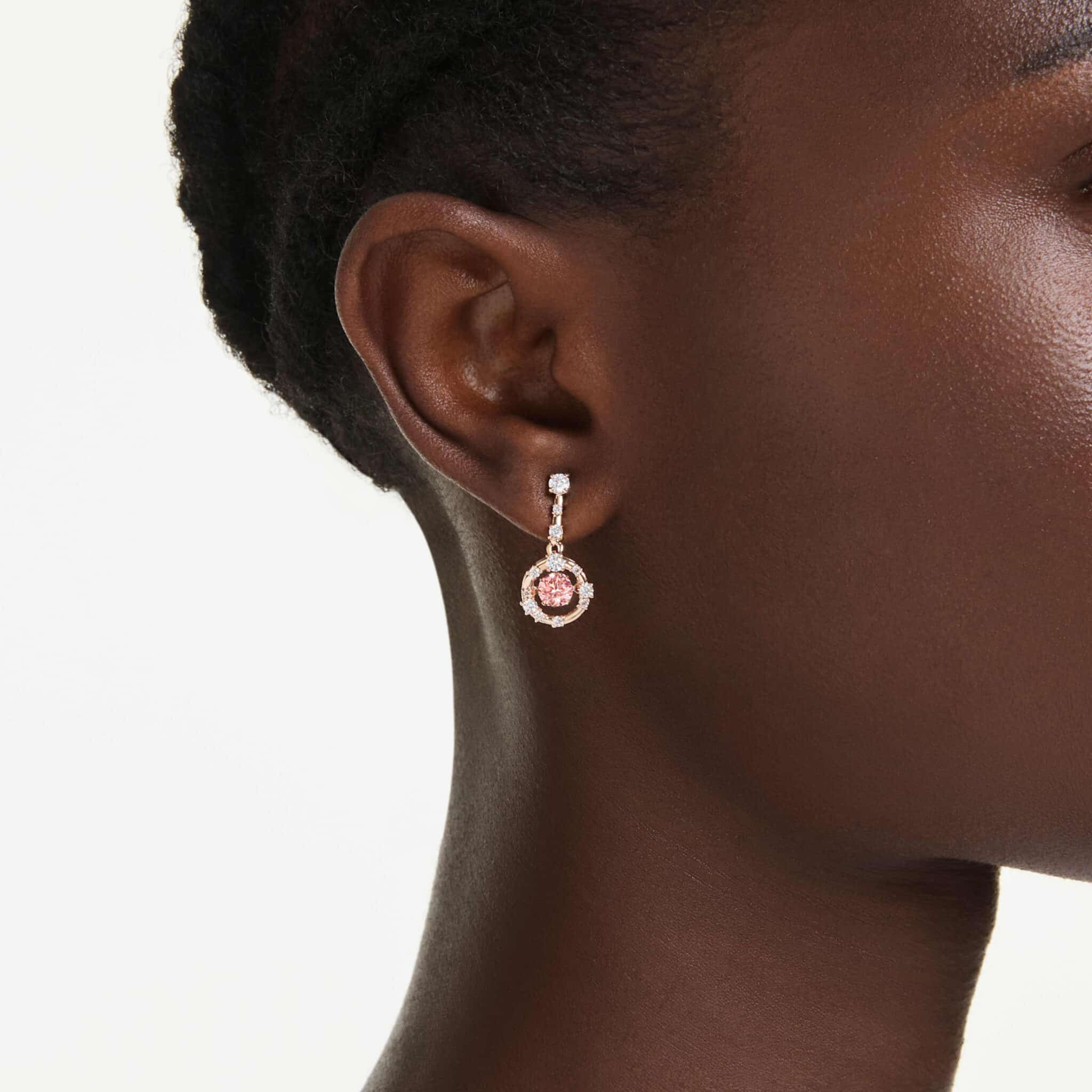 Swarovski Constella Drop Earrings, Round cut, Dancing stone, Pink, Rose gold-tone plated -Swarovski