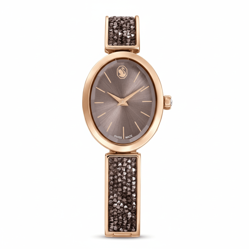 Swarovski Crystal Rock oval watch Swiss Made, Crystal bracelet, Gray, Rose gold-tone finish -Swarovski