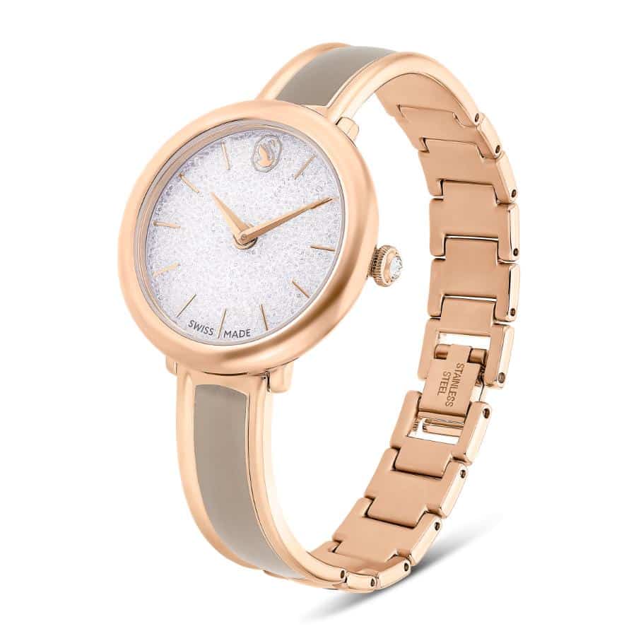 Swarovski Crystalline Bangle Watch, Swiss Made, Metal Bracelet, Beige, Rose gold-tone Finish -Swarovski