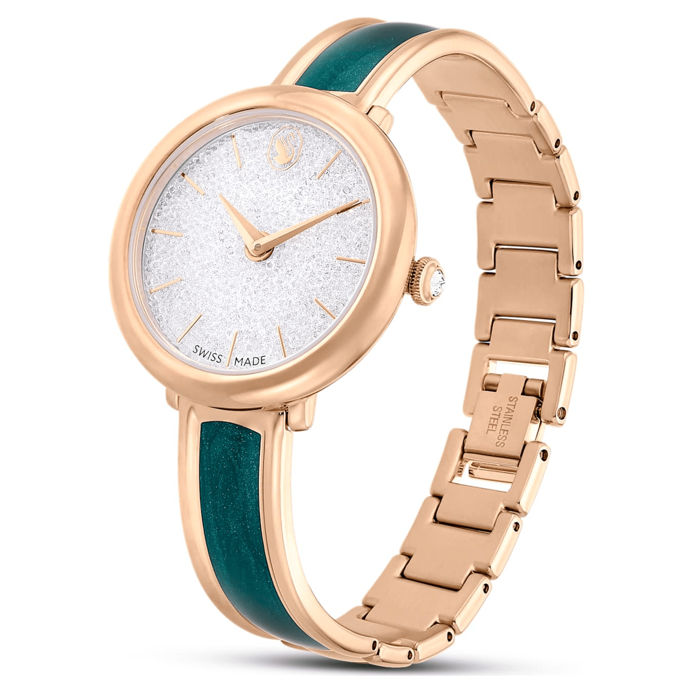 Swarovski Crystalline Bangle Watch, Swiss Made, Metal bracelet, Green, Rose gold-tone Finish -Swarovski