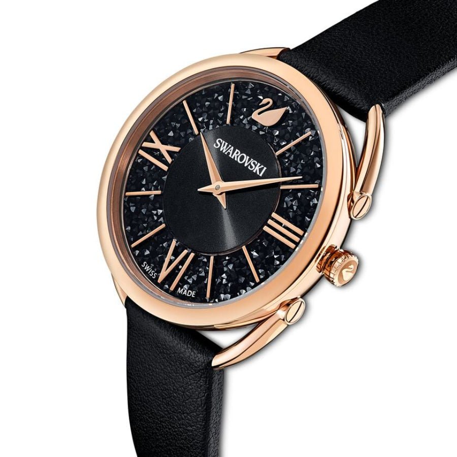 Swarovski Crystalline Glam Watch, Leather Strap, Black, Rose Gold Tone -Swarovski