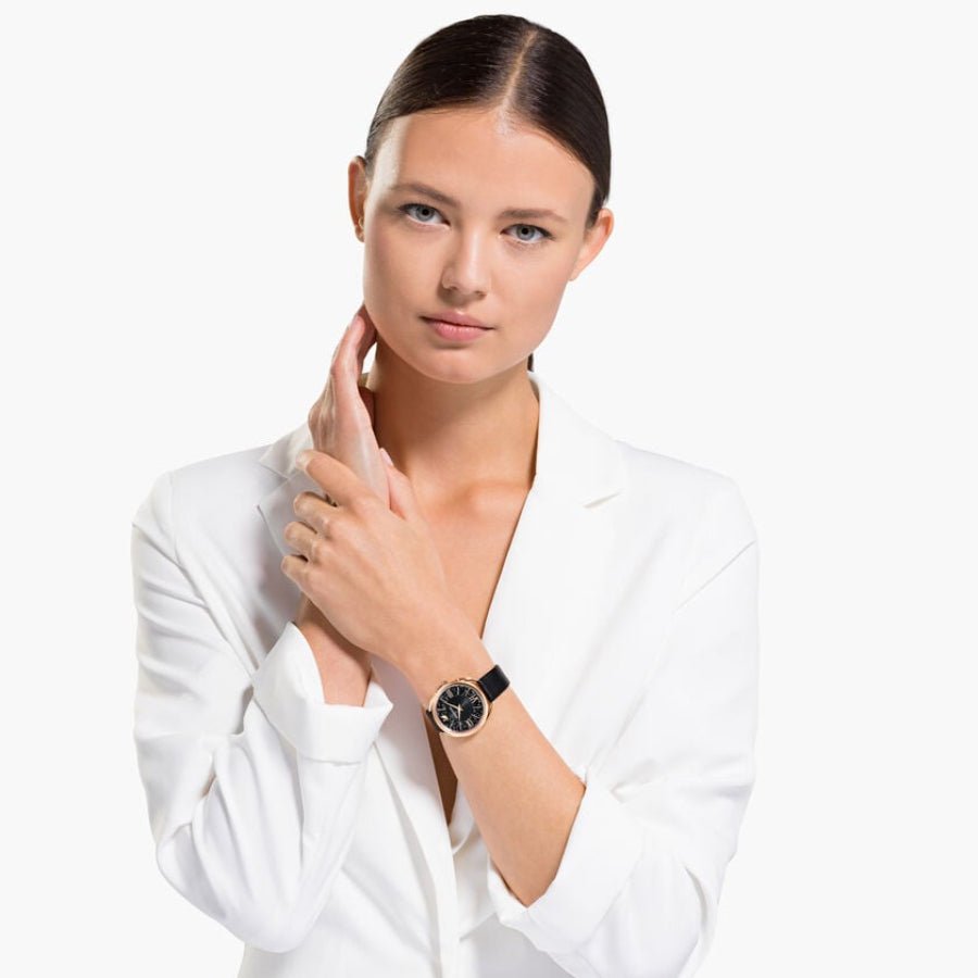 Swarovski Crystalline Glam Watch, Leather Strap, Black, Rose Gold Tone -Swarovski