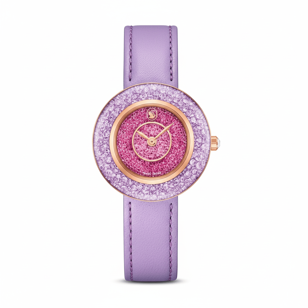 Swarovski Crystalline Lustre Watch Swiss Made, Leather strap, Purple, Rose gold-tone finish -Swarovski