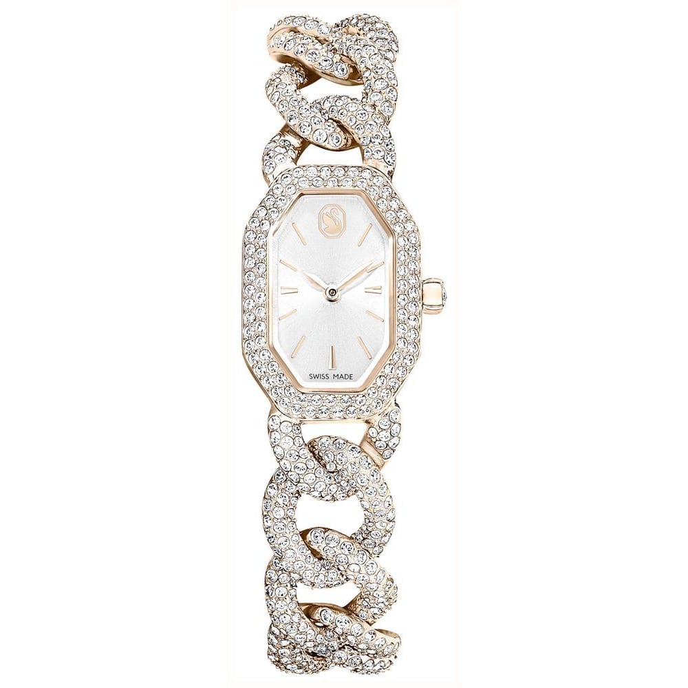 Swarovski Dextera Chain Watch Swiss Made, Crystal Bracelet, White, Finish in Golden Champagne Tone -Swarovski