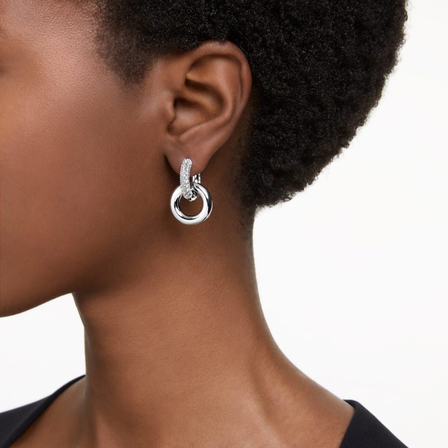 Swarovski Dextera Hoop Earrings Asymmetrical Design, Interlocking Loop, White, Rhodium Plated -Swarovski