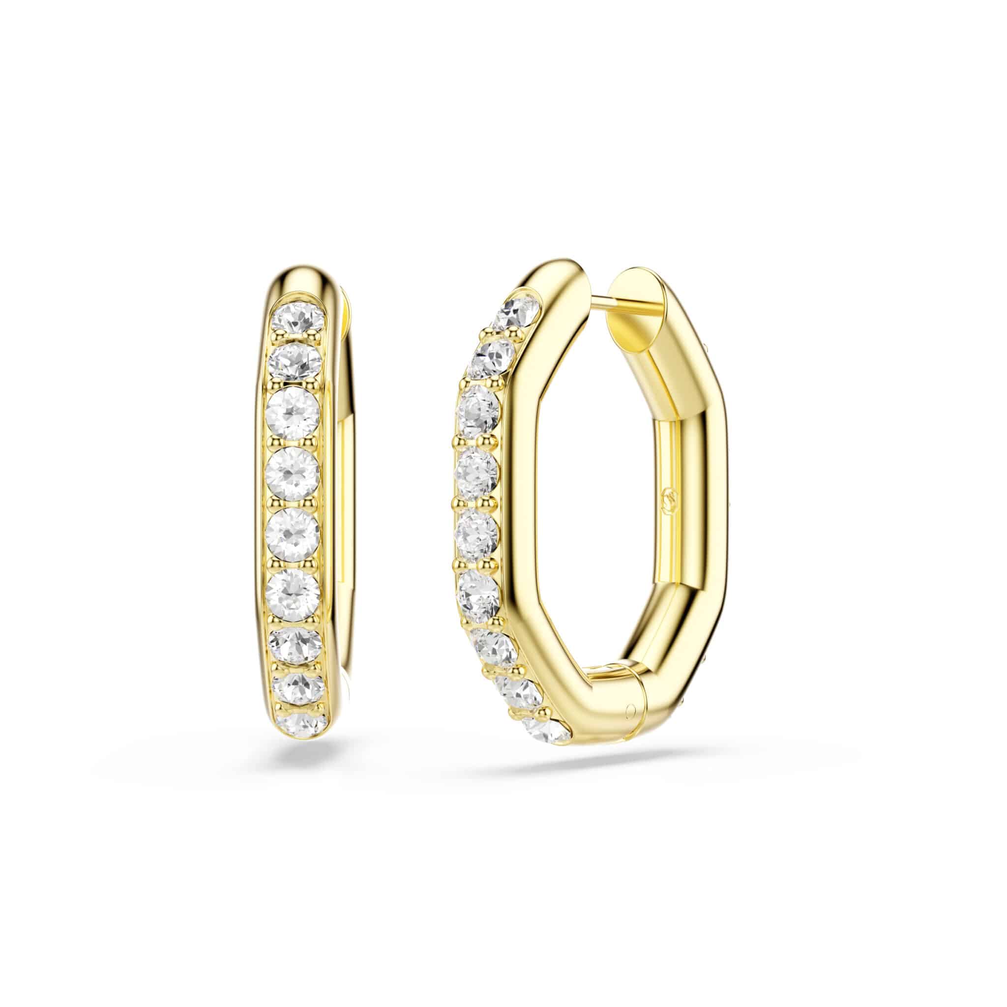 Swarovski Dextera Hoop Earrings, Octagon Shape, Round Cut, White, Rhodium Plated -Swarovski