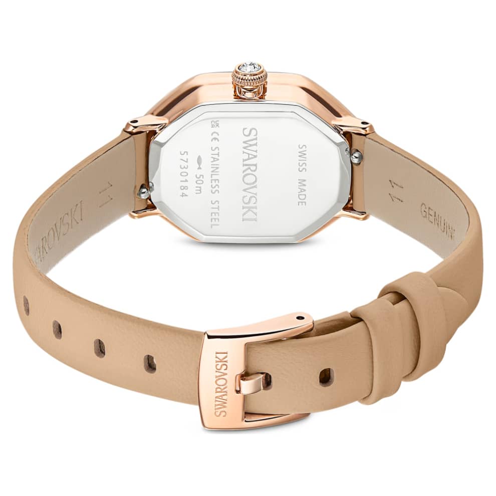 Swarovski Dextera octagon Watch, Swiss Made, Leather strap, Brown, Rose gold-tone finish -Swarovski