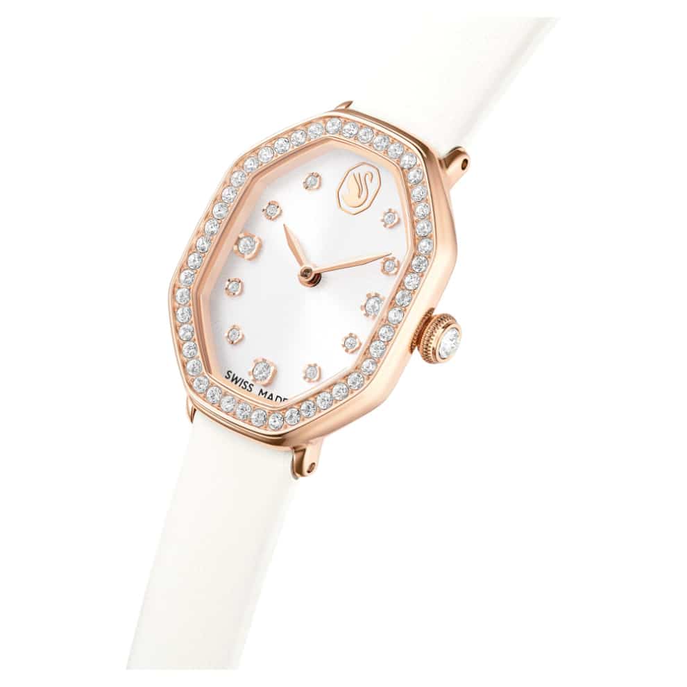 Swarovski Dextera octagon Watch, Swiss Made, Leather strap, White, Rose gold-tone finish -Swarovski