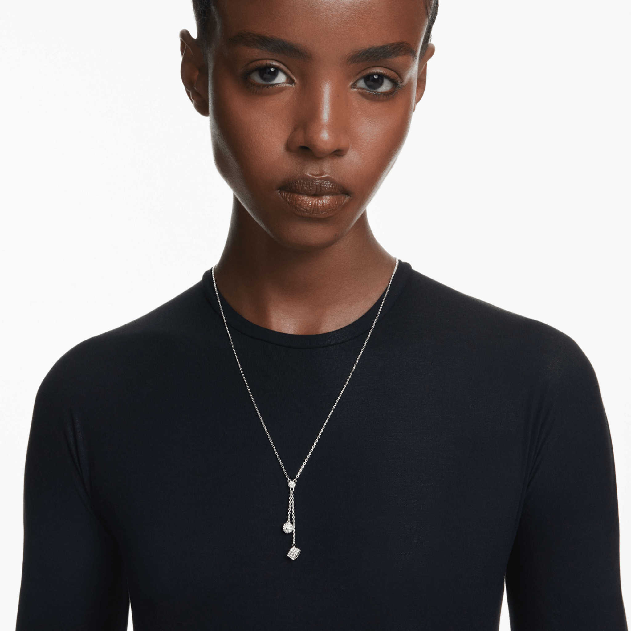 Swarovski Dextera Y Pendant, Round Cut, Sphere and Cube, White, Rhodium Plated -Swarovski