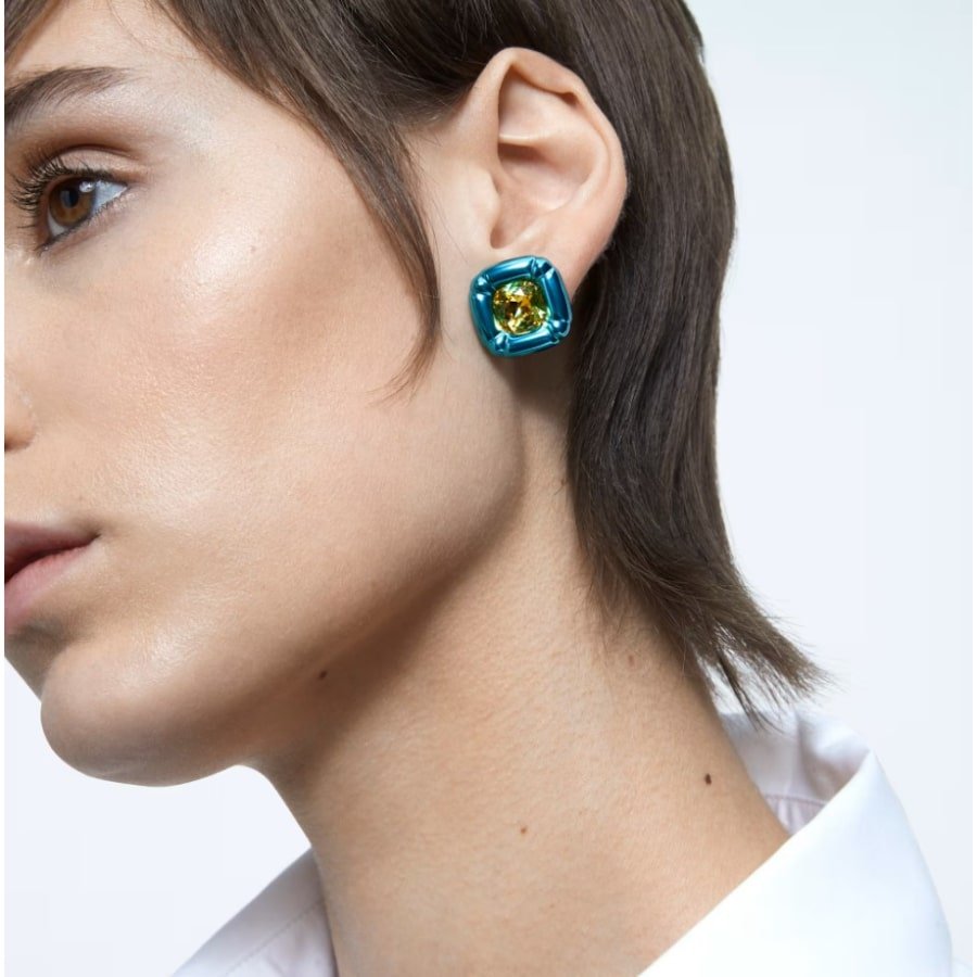 Swarovski Dulcis Stud Earrings Cushion Cut, Blue -Swarovski