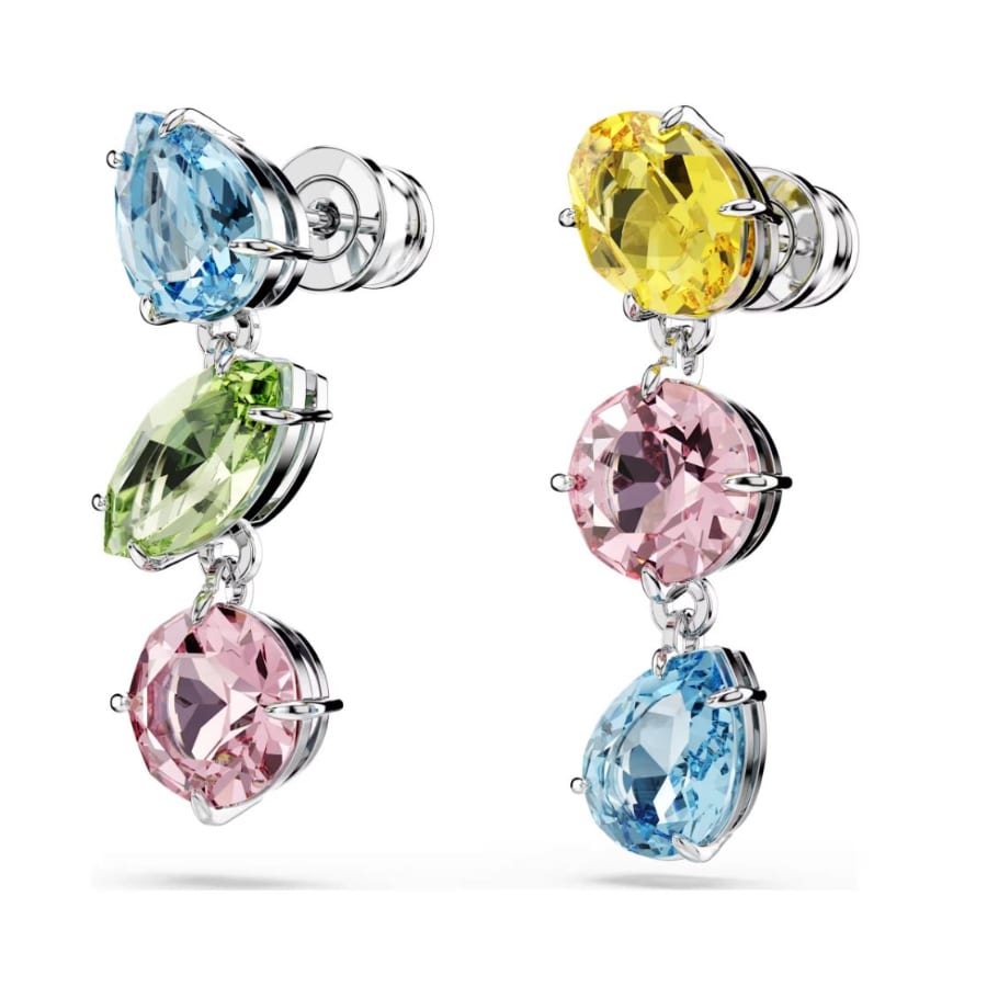 Swarovski Gema Collection Drop Earrings, Asymmetrical Design, Mixed Cuts, Multicolored, Rhodium Plated -Swarovski