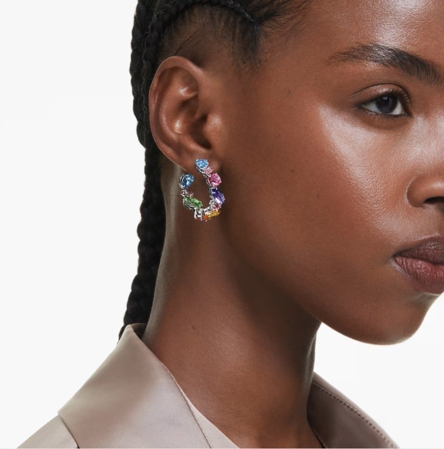 Swarovski Gema Hoop Earrings Asymmetrical Design, Mixed Cut, Small, Multi-Color, Rhodium Plated -Swarovski