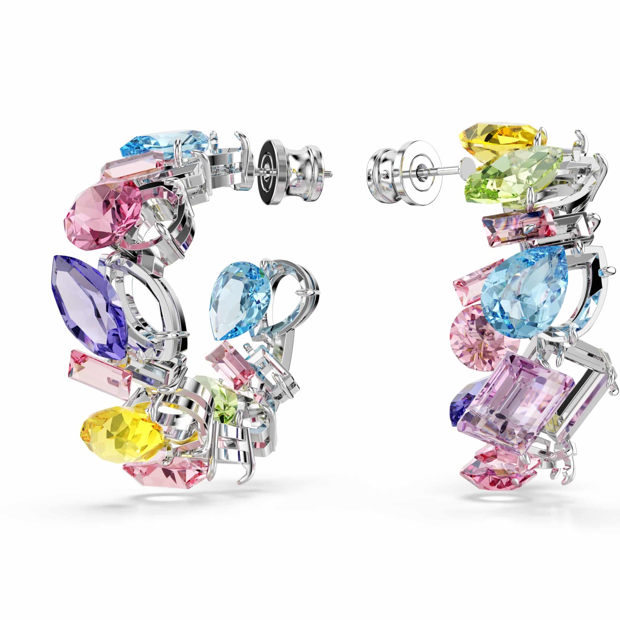 Swarovski Gema Hoop Earrings Asymmetrical Design, Mixed Cut, Small, Multi-Color, Rhodium Plated -Swarovski