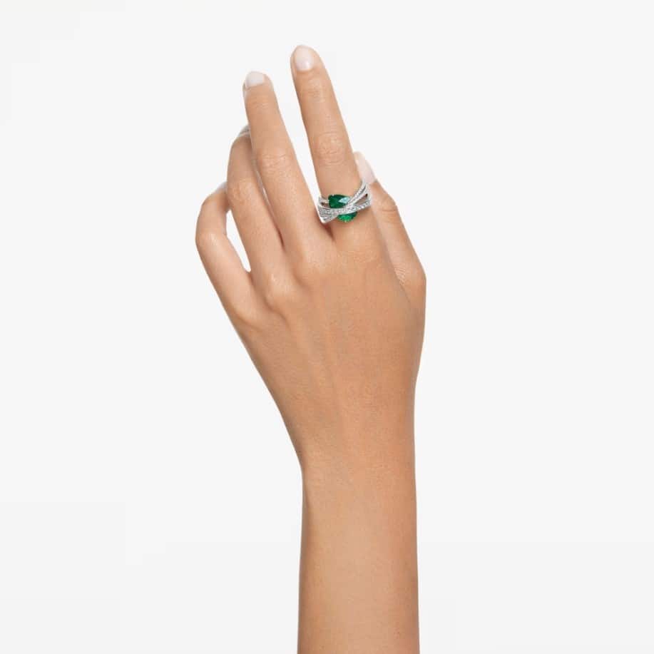 Swarovski Hyperbola Cocktail Ring, Carbon Neutral Zirconia, Mixed Cuts, Four Bands, Green, Rhodium Plated -Swarovski