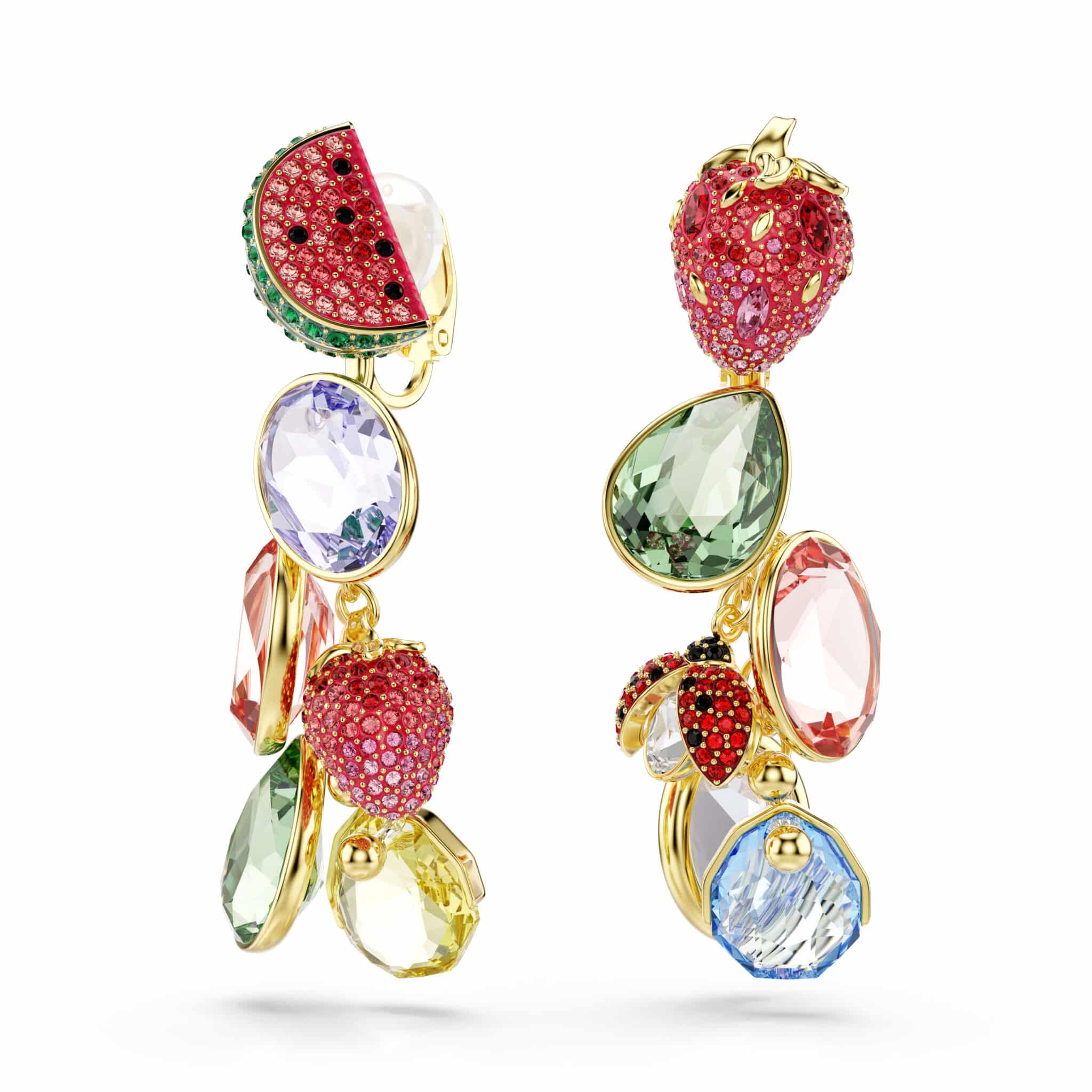 Swarovski Idyllia Clip Earrings, Mixed cuts, Fruit, Ladybug, Multicolored, Gold-tone plated -Swarovski