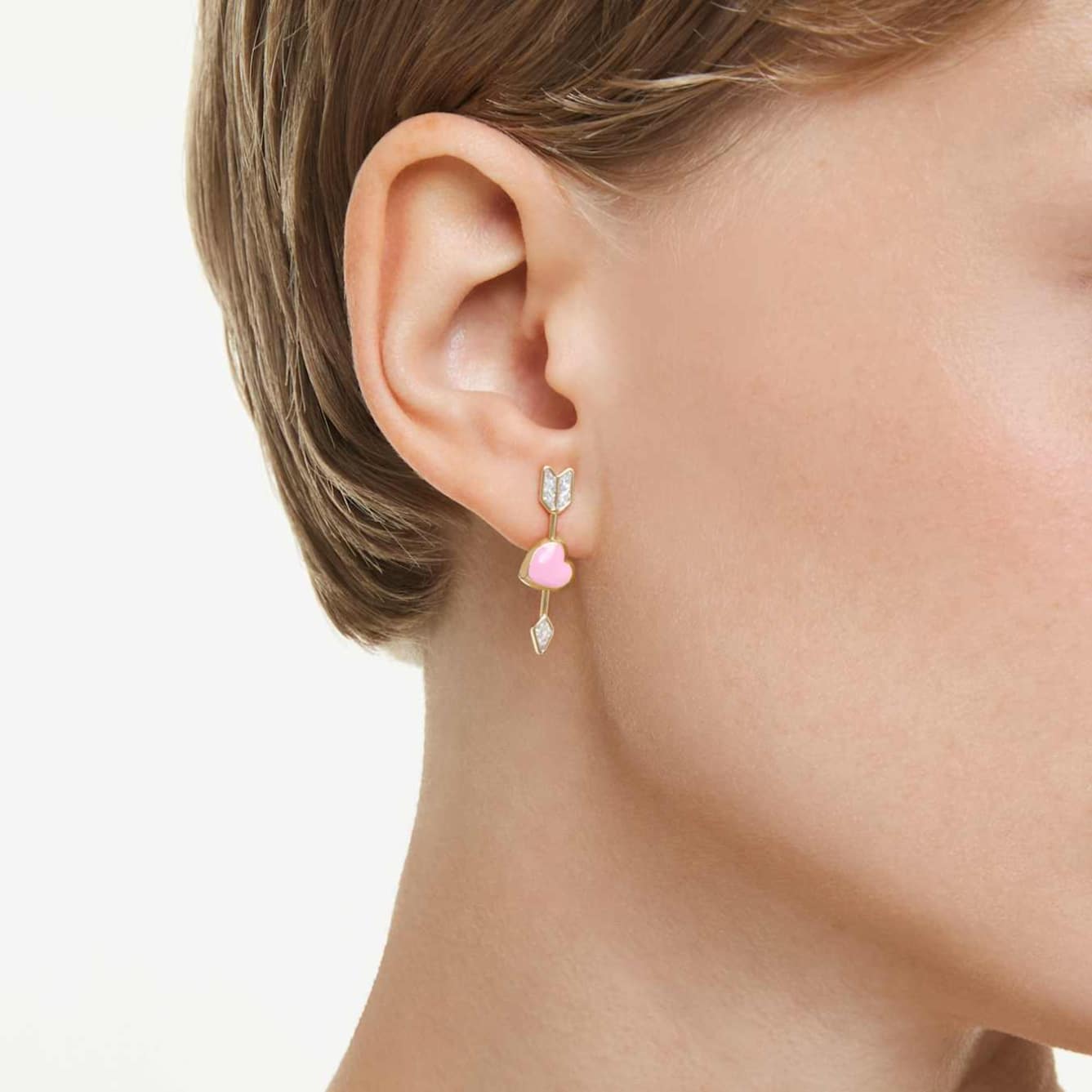 Swarovski Idyllia Drop Earrings, Mixed cuts, Heart with arrow, White, Gold-tone plated -Swarovski